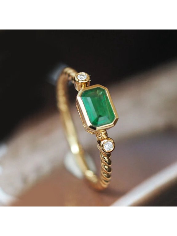 14K Yellow Gold,Natural Emerald & Diamond Ring,Anniversary Gift Ring For Beloved