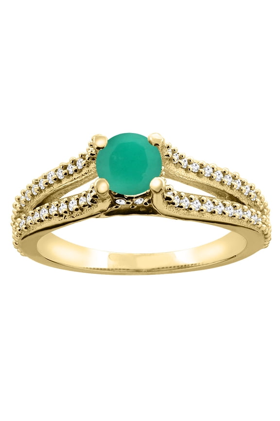 14K Yellow Gold Natural Emerald Engagement Split Shank Ring Round 5mm Diamond Accents, size 9