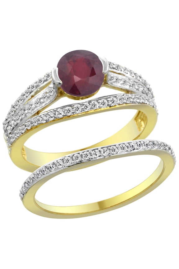 14K Yellow Gold Natural Enhanced Ruby 2-piece Engagement Ring Set Round 6mm, size 5