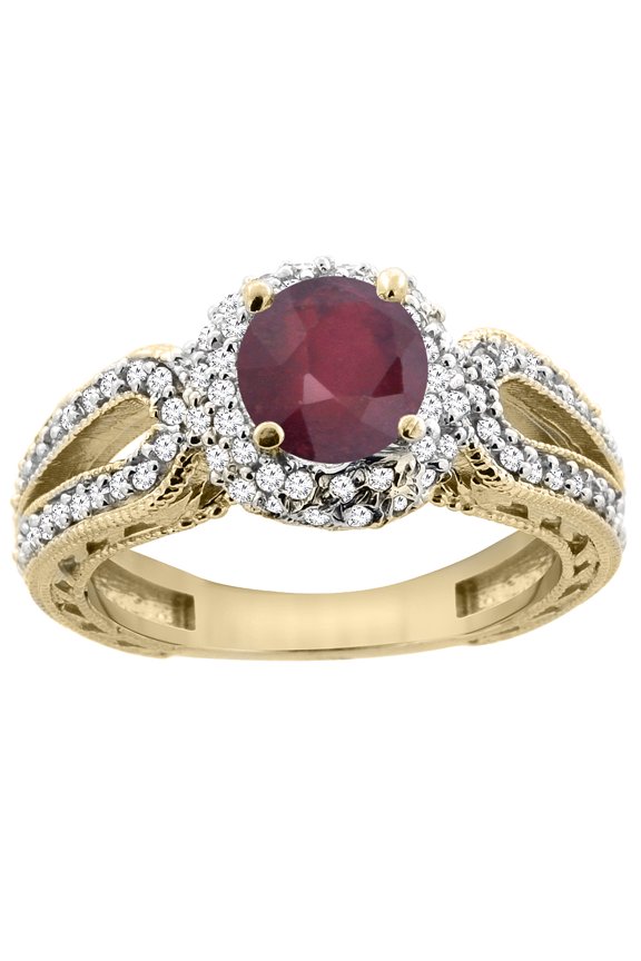 14K Yellow Gold Natural Enhanced Ruby Engagement Ring Round 6mm Engraved Split Shank Diamond Accents, size 10