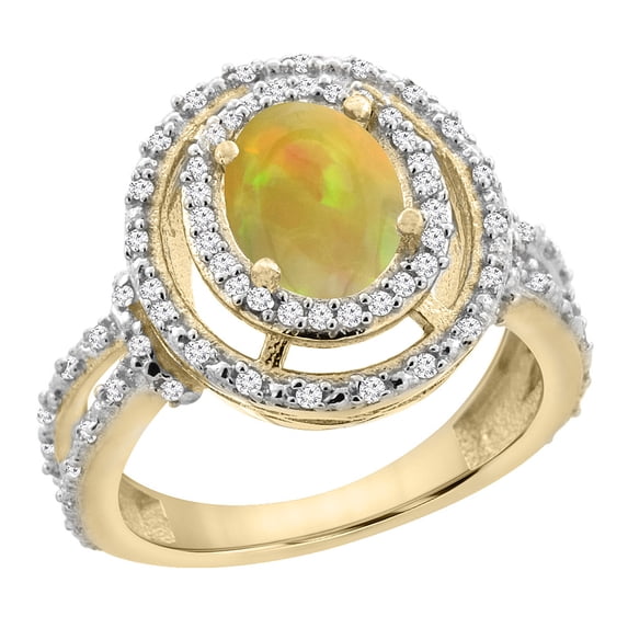 14K Yellow Gold Natural Ethiopian Opal Diamond Halo Engagement Ring Oval 8x6 mm, size 7.5