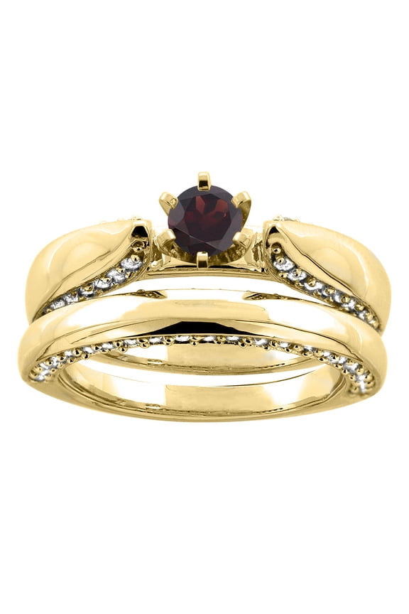 14K Yellow Gold Natural Garnet 2-piece Bridal Ring Set Diamond Accents Round 5mm, size 5