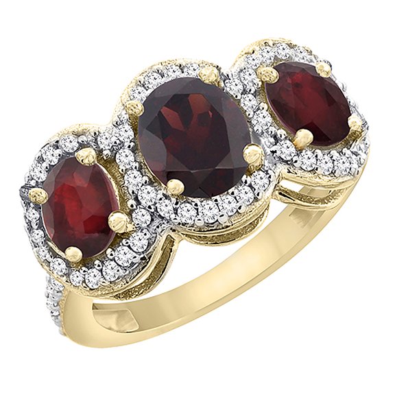 14K Yellow Gold Natural Garnet & Enhanced Ruby 3-Stone Ring Oval Diamond Accent, size 9.5