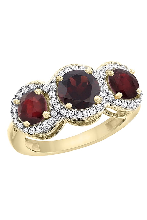 14K Yellow Gold Natural Garnet & Enhanced Ruby Sides Round 3-stone Ring Diamond Accents, size 9