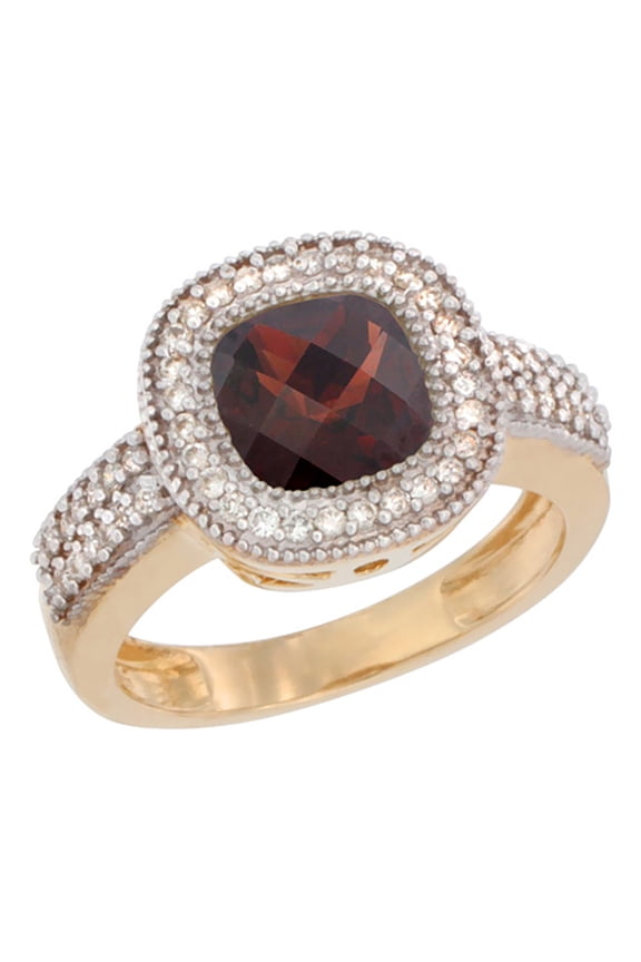 14K Yellow Gold Natural Garnet Ring Cushion-cut 7x7mm Diamond Accent, size 10