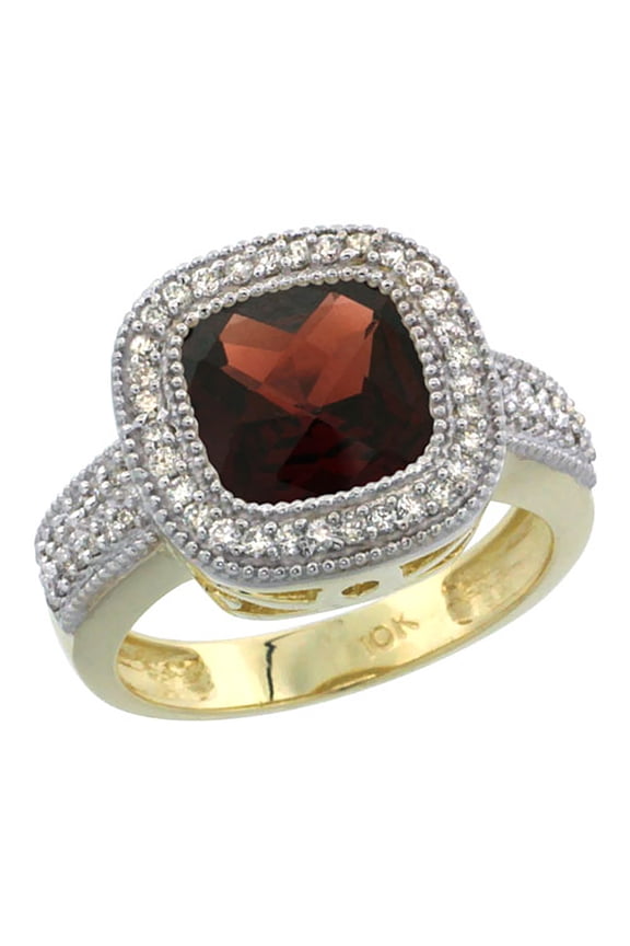 14K Yellow Gold Natural Garnet Ring Cushion-cut 9x9mm Diamond Accent, size 7