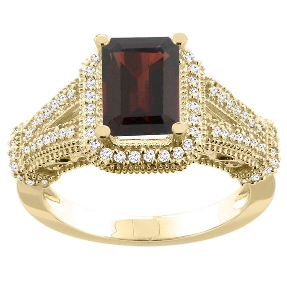 14K Yellow Gold Natural Garnet Ring Octagon 8x6mm Diamond Accent, size 6.5