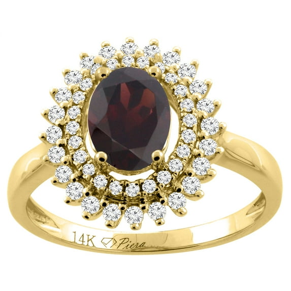 14K Yellow Gold Natural Garnet Ring Oval 8x6 mm Double Halo Diamond Accents, size 9