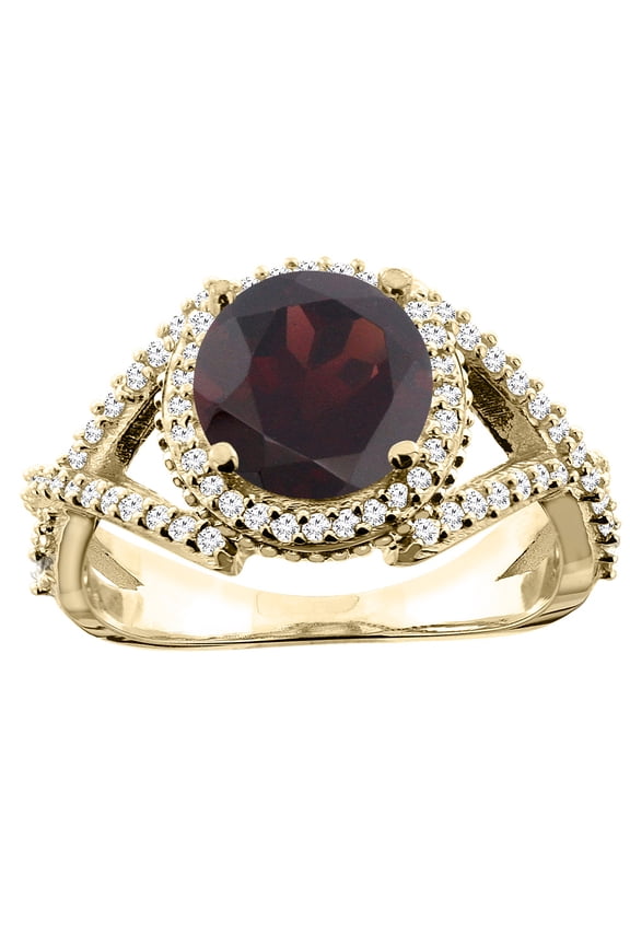 14K Yellow Gold Natural Garnet Ring Round 8mm Diamond Accent, size 6
