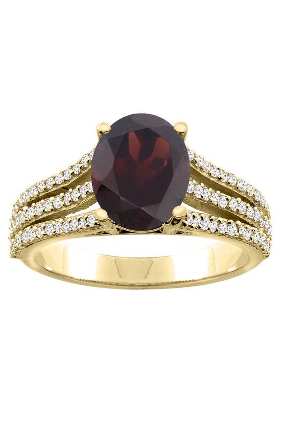 14K Yellow Gold Natural Garnet Tri-split Ring Oval 9x7mm Diamond Accents, size 5.5