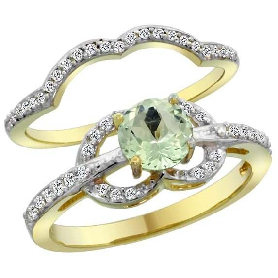 14K Yellow Gold Natural Green Amethyst 2-piece Engagement Ring Set Round 6mm, size 5