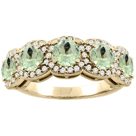 14K Yellow Gold Natural Green Amethyst 5-Stone Ring Round 4mm, size 6.5
