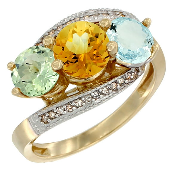 14K Yellow Gold Natural Green Amethyst, Citrine & Aquamarine 3 stone Ring Round 6mm Diamond Accent, size 5