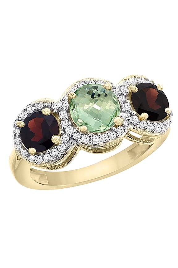 14K Yellow Gold Natural Green Amethyst & Garnet Sides Round 3-stone Ring Diamond Accents, size 6.5