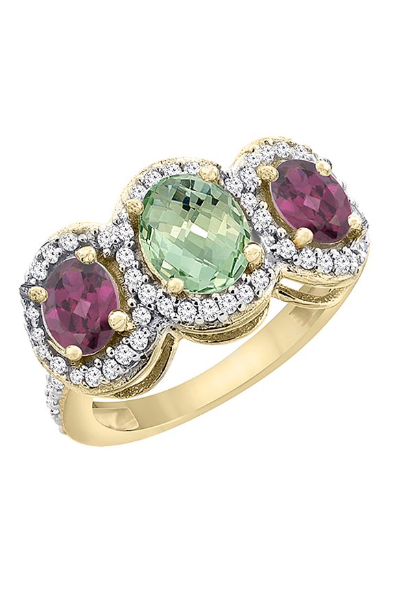 14K Yellow Gold Natural Green Amethyst & Rhodolite 3-Stone Ring Oval Diamond Accent, size 7