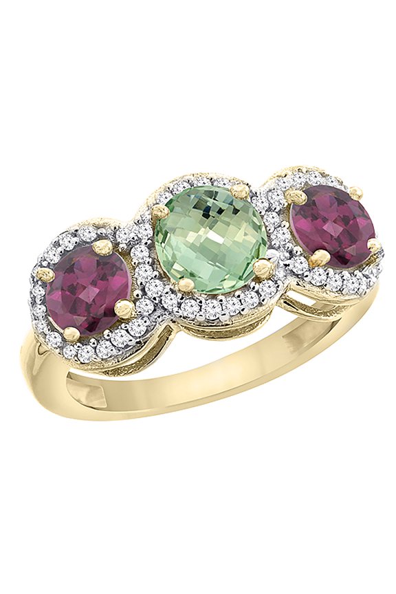 14K Yellow Gold Natural Green Amethyst & Rhodolite Sides Round 3-stone Ring Diamond Accents, size 10