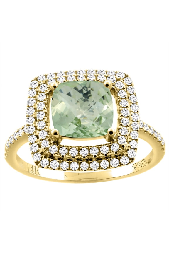 14K Yellow Gold Natural Green Amethyst Ring Cushion Cut 7x7 mm Double Halo Diamond Accents, size 5