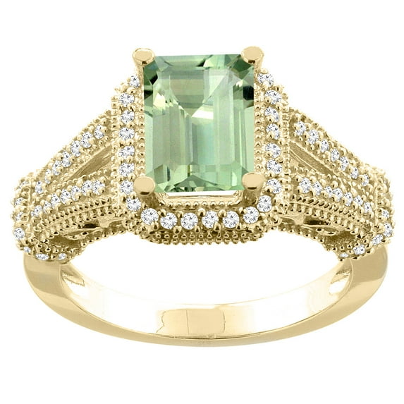 14K Yellow Gold Natural Green Amethyst Ring Octagon 8x6mm Diamond Accent, size 5