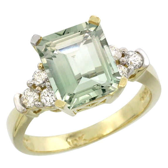 14K Yellow Gold Natural Green Amethyst Ring Octagon 9x7mm Diamond Accent, size 5.5