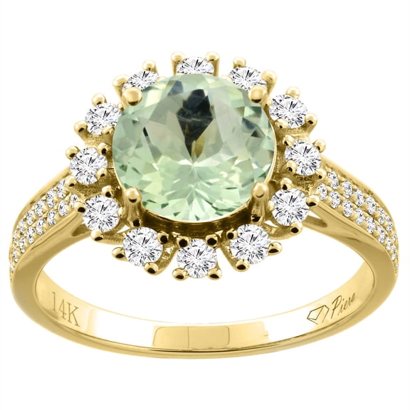 14K Yellow Gold Natural Green Amethyst Ring Round 8 mm Diamond Accents, size 9