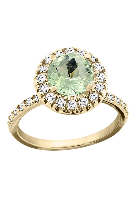 14K Yellow Gold Natural Green Amethyst Ring Round 8mm Floating Halo Diamond, size 9