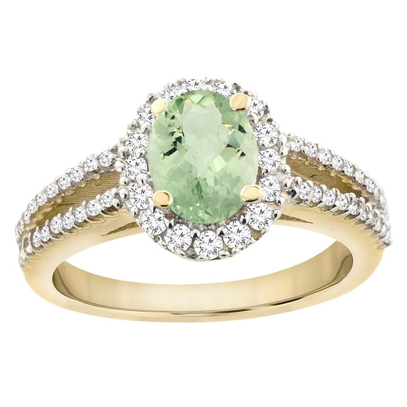 14K Yellow Gold Natural Green Amethyst Split Shank Halo Engagement Ring Oval 7x5 mm, size 7.5