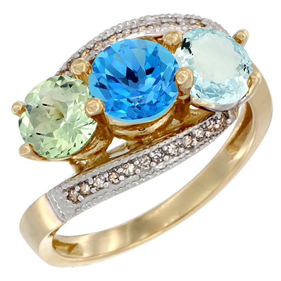 14K Yellow Gold Natural Green Amethyst, Swiss Blue Topaz & Aquamarine 3 stone Ring Round 6mm Diamond Accent, size 8