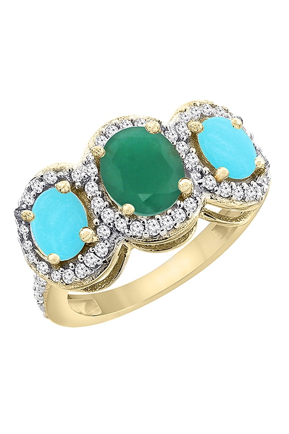14K Yellow Gold Natural HQ Emerald & Turquoise 3-Stone Ring Oval Diamond Accent, size 9.5
