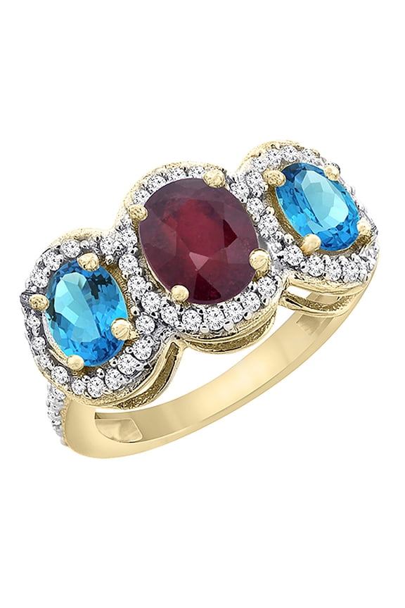 14K Yellow Gold Natural HQ Ruby & Swiss Blue Topaz 3-Stone Ring Oval Diamond Accent, size 5