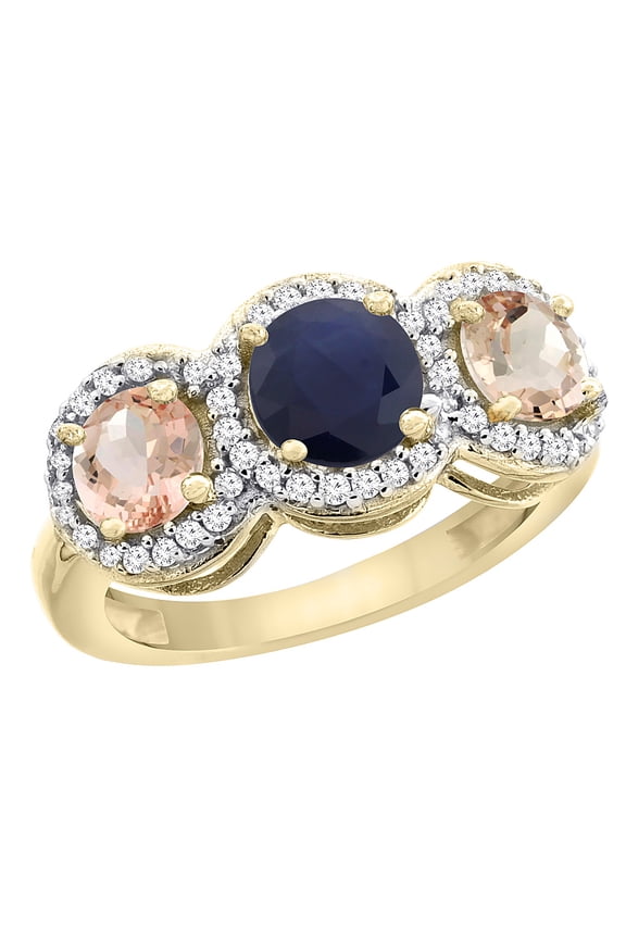 14K Yellow Gold Natural High Quality Blue Sapphire & Morganite Sides Round 3-stone Ring Diamond Accents, size 7