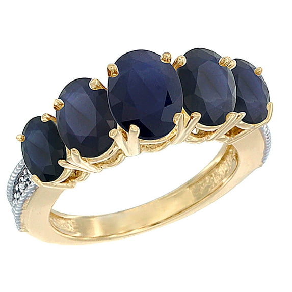 14K Yellow Gold Natural High Quality Blue Sapphire Ring 5-Stone Oval Diamond Accent, size 8