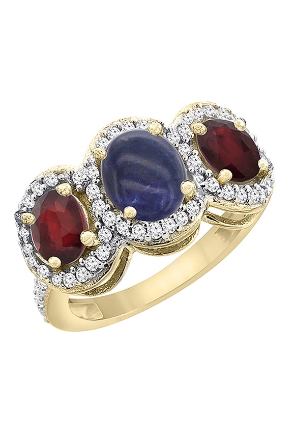 14K Yellow Gold Natural Lapis & Enhanced Ruby 3-Stone Ring Oval Diamond Accent, size 8.5