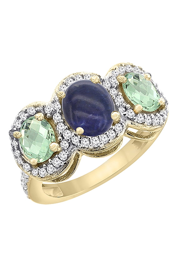 14K Yellow Gold Natural Lapis & Green Amethyst 3-Stone Ring Oval Diamond Accent, size 8
