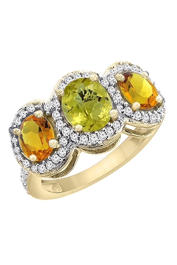 14K Yellow Gold Natural Lemon Quartz & Citrine 3-Stone Ring Oval Diamond Accent, size 10