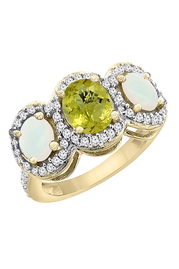 14K Yellow Gold Natural Lemon Quartz & Opal 3-Stone Ring Oval Diamond Accent, size 10