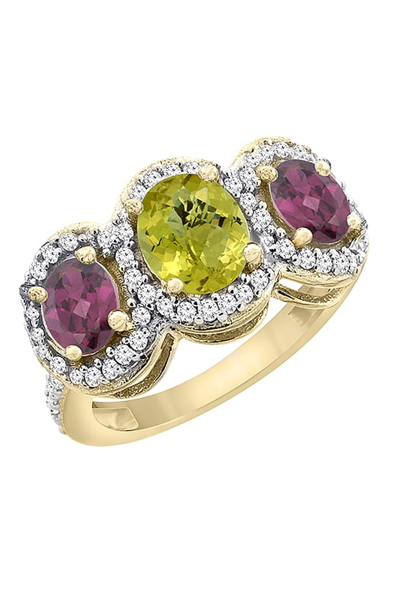 14K Yellow Gold Natural Lemon Quartz & Rhodolite 3-Stone Ring Oval Diamond Accent, size 8.5