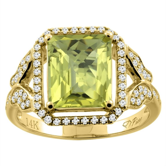 14K Yellow Gold Natural Lemon Quartz Ring Octagon Shape 10x8 mm Diamond Accents, size 10