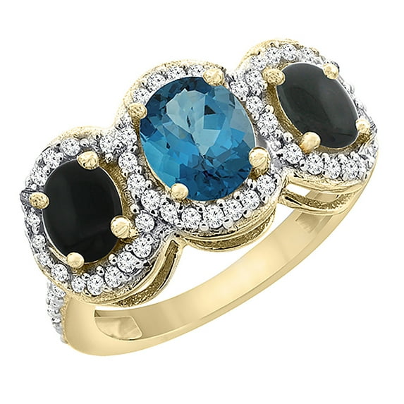 14K Yellow Gold Natural London Blue Topaz & Black Onyx 3-Stone Ring Oval Diamond Accent, size 8
