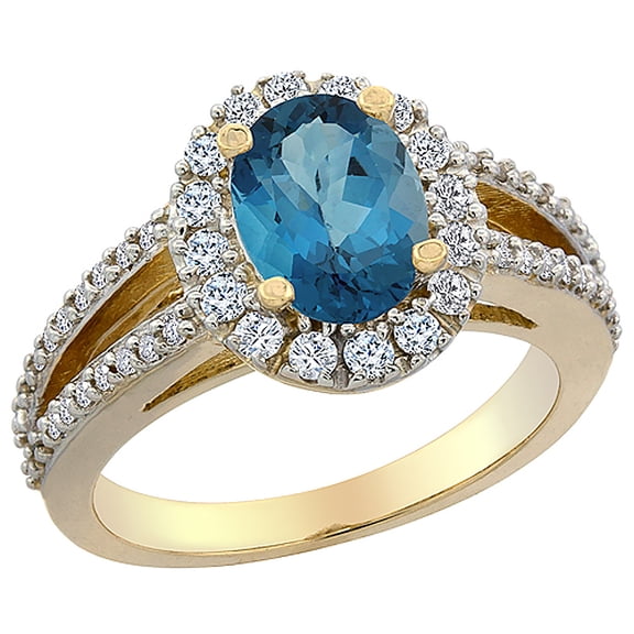 14K Yellow Gold Natural London Blue Topaz Halo Ring Oval 8x6 mm with Diamond Accents, size 9