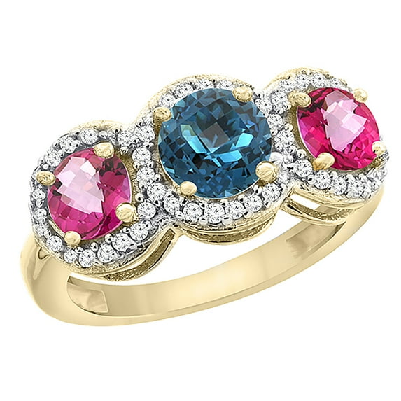14K Yellow Gold Natural London Blue Topaz & Pink Topaz Sides Round 3-stone Ring Diamond Accents, size 8.5