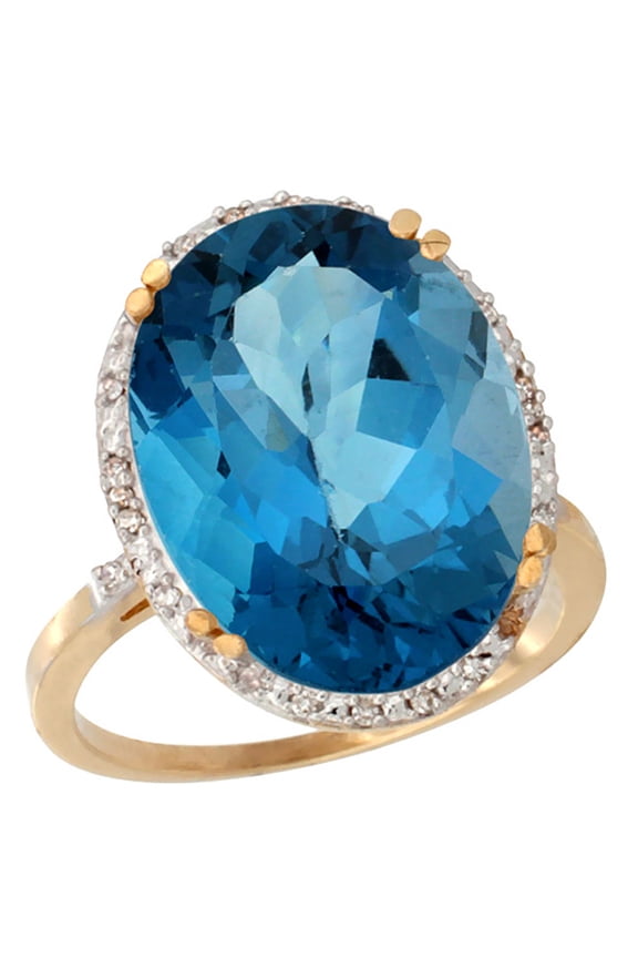 14K Yellow Gold Natural London Blue Topaz Ring Large Oval 18x13mm Diamond Halo, size 10