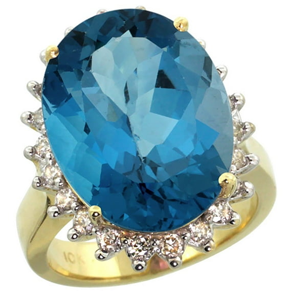 14K Yellow Gold Natural London Blue Topaz Ring Large Oval 18x13mm Diamond Halo, size 9