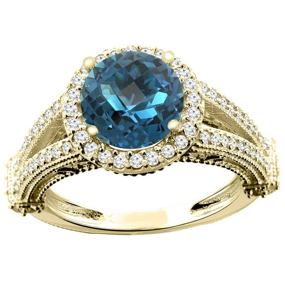 14K Yellow Gold Natural London Blue Topaz Ring Round 8mm Diamond Accent, size 9