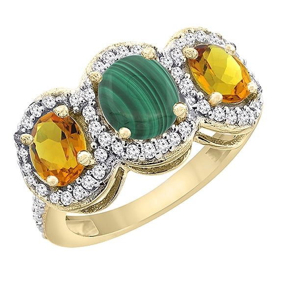 14K Yellow Gold Natural Malachite & Citrine 3-Stone Ring Oval Diamond Accent, size 6