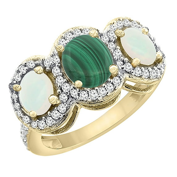 14K Yellow Gold Natural Malachite & Opal 3-Stone Ring Oval Diamond Accent, size 6.5