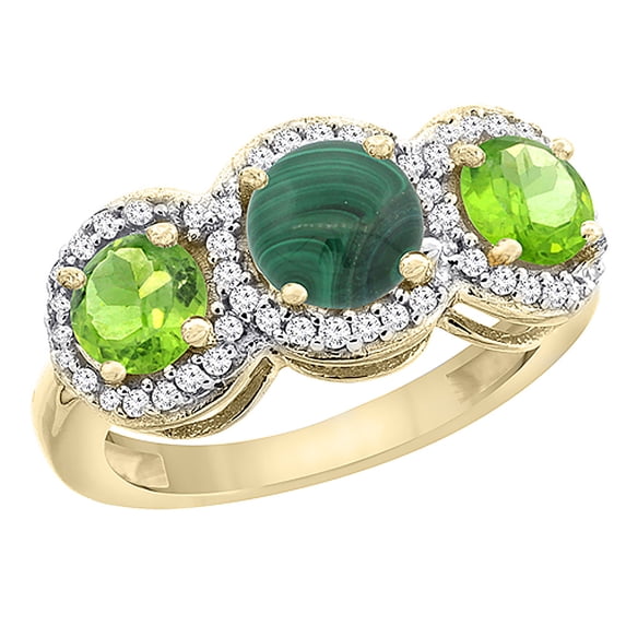 14K Yellow Gold Natural Malachite & Peridot Sides Round 3-stone Ring Diamond Accents, size 5
