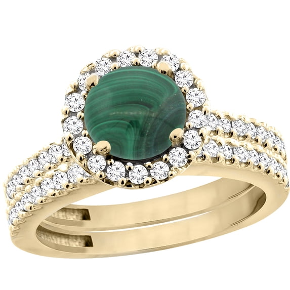 14K Yellow Gold Natural Malachite Round 6mm 2-Piece Engagement Ring Set Floating Halo Diamond, size 9