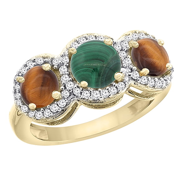 14K Yellow Gold Natural Malachite & Tiger Eye Sides Round 3-stone Ring Diamond Accents, size 8