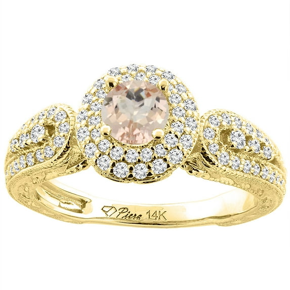 14K Yellow Gold Natural Morganite & Diamond Halo Ring Round 5 mm, size 9.5
