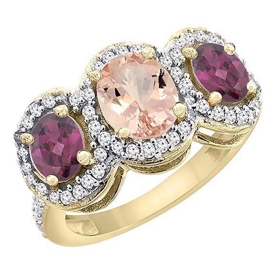 14K Yellow Gold Natural Morganite & Rhodolite 3-Stone Ring Oval Diamond Accent, size 10